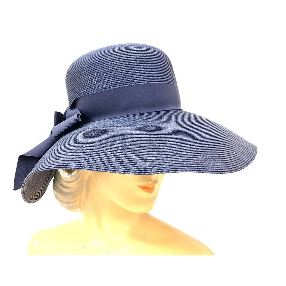 Vintage Lucila Mendez Exclusive Navy Blue Straw Wide Brimmed Hat 1950s Bucket Marvelous Maisel Church