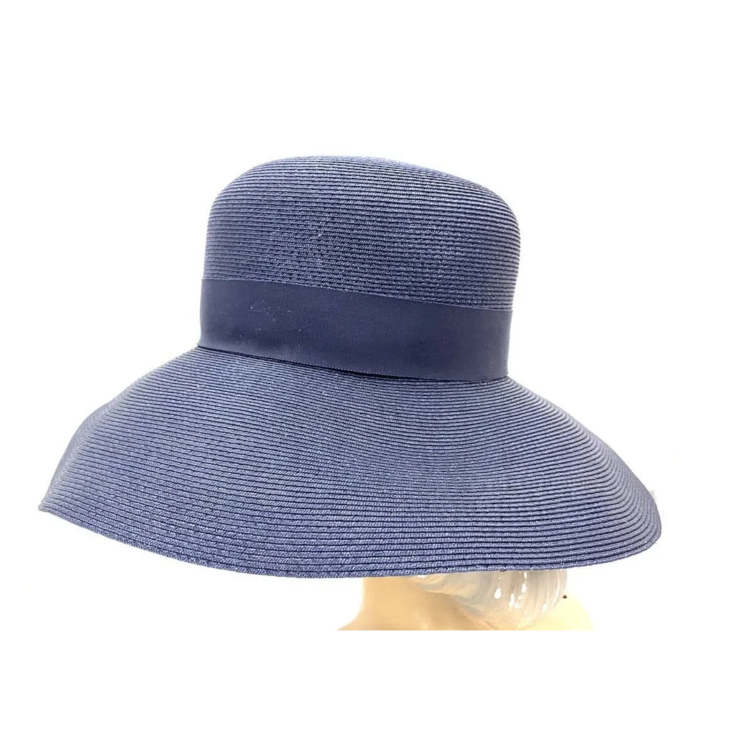 Vintage Lucila Mendez Exclusive Navy Blue Straw Wide Brimmed Hat 1950s Bucket Marvelous Maisel Church