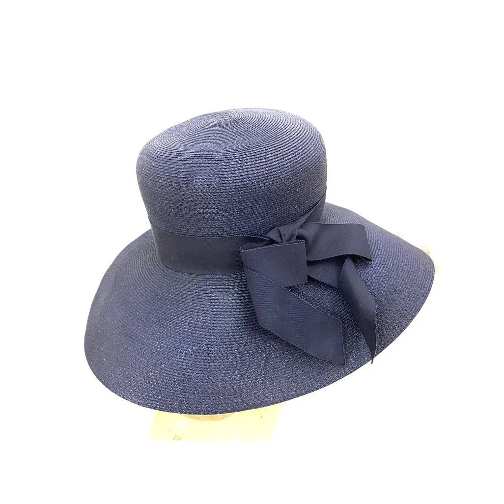 Vintage Lucila Mendez Exclusive Navy Blue Straw Wide Brimmed Hat 1950s Bucket Marvelous Maisel Church