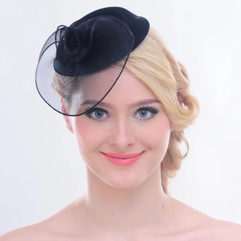 Vintage Mesh Net Wool Felt Pillbox Flower Women Fascinator Hat Hair Clip