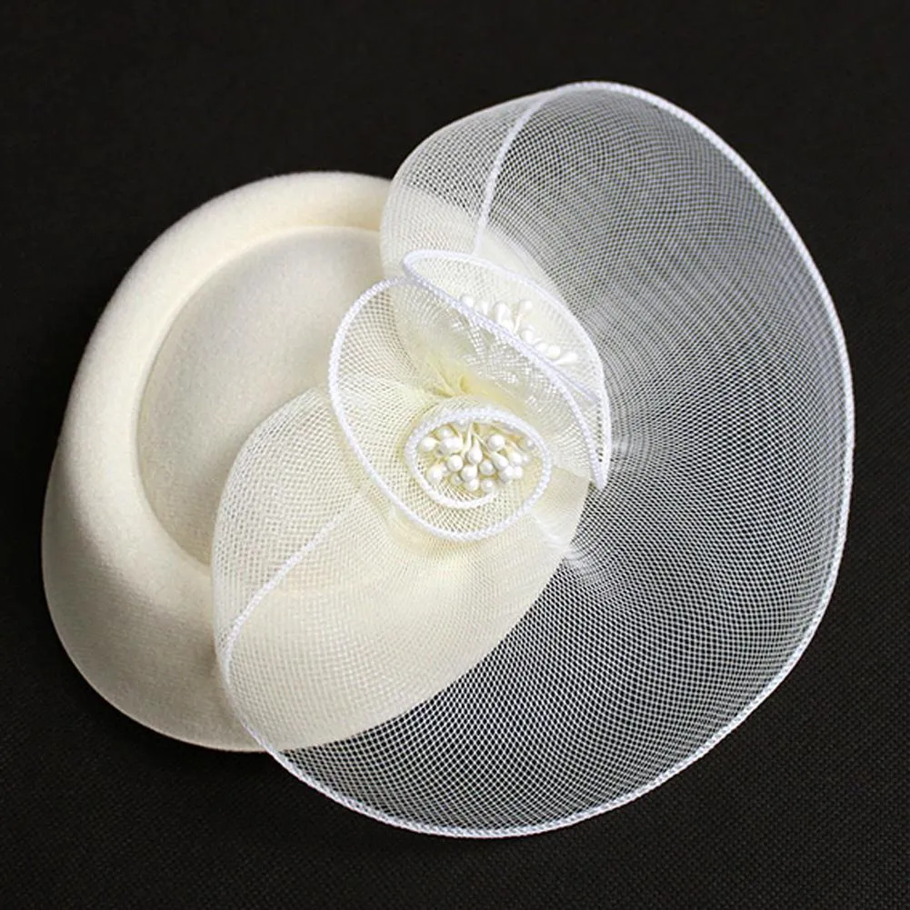 Vintage Mesh Net Wool Felt Pillbox Flower Women Fascinator Hat Hair Clip