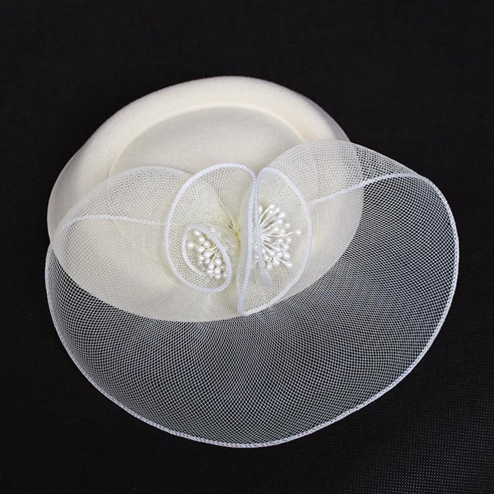 Vintage Mesh Net Wool Felt Pillbox Flower Women Fascinator Hat Hair Clip