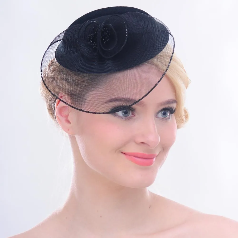 Vintage Mesh Net Wool Felt Pillbox Flower Women Fascinator Hat Hair Clip