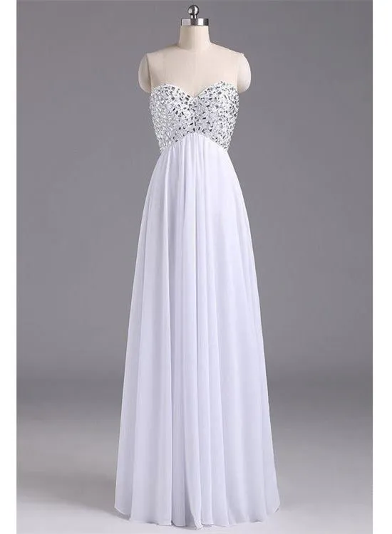 White Beaded Simple Long Chiffon Prom Dress, Prom Dress , Floor Length Formal Dress
