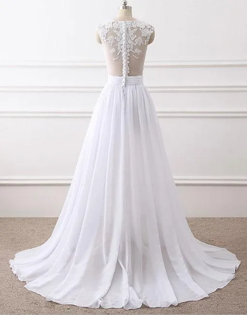 White Chiffon Slit Simple Wedding Dress, Charming Party Gowns, Formal Dresses