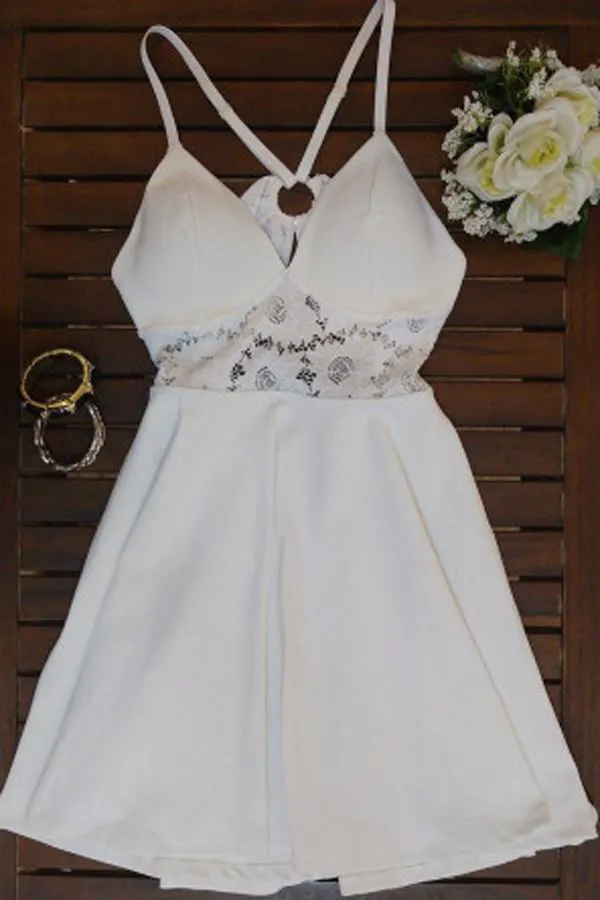 White Simple A-line V Neck Spaghetti Strap X Back Homecoming Dress, MH382