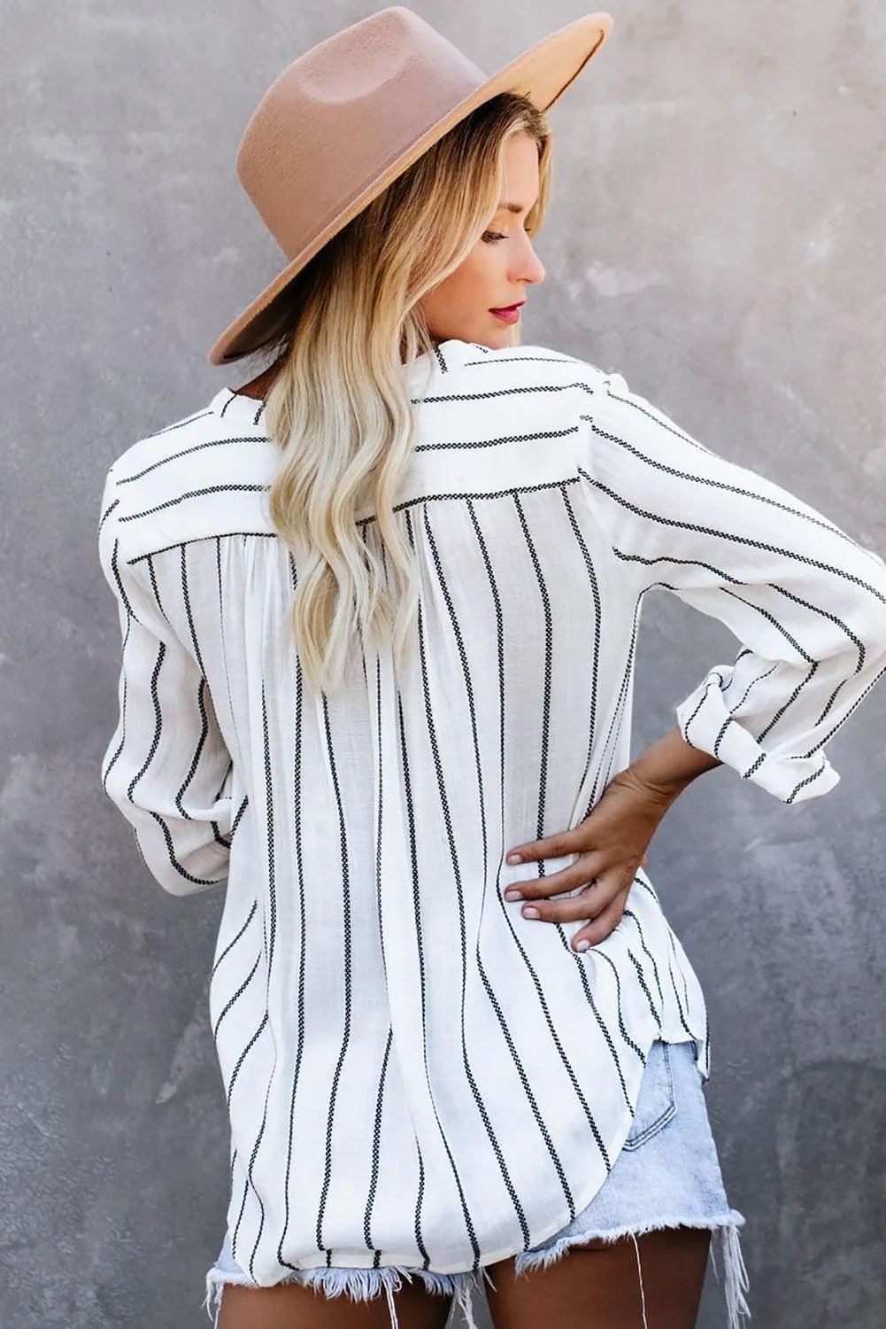 White/Blue Striped V Neck Pocket Long Sleeve Top