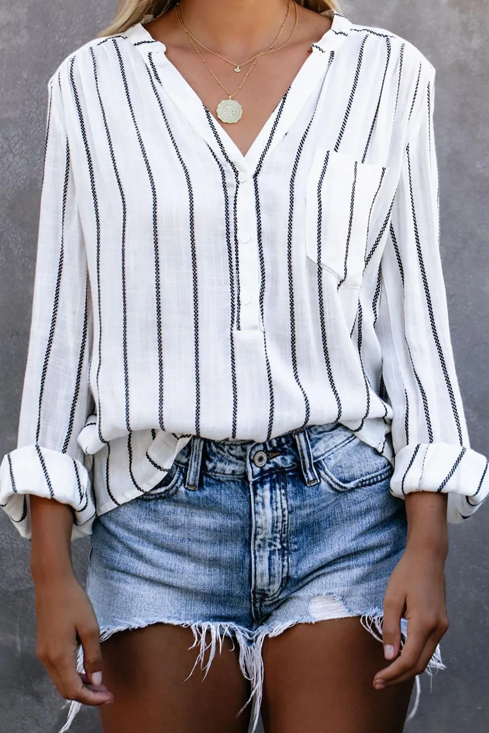White/Blue Striped V Neck Pocket Long Sleeve Top