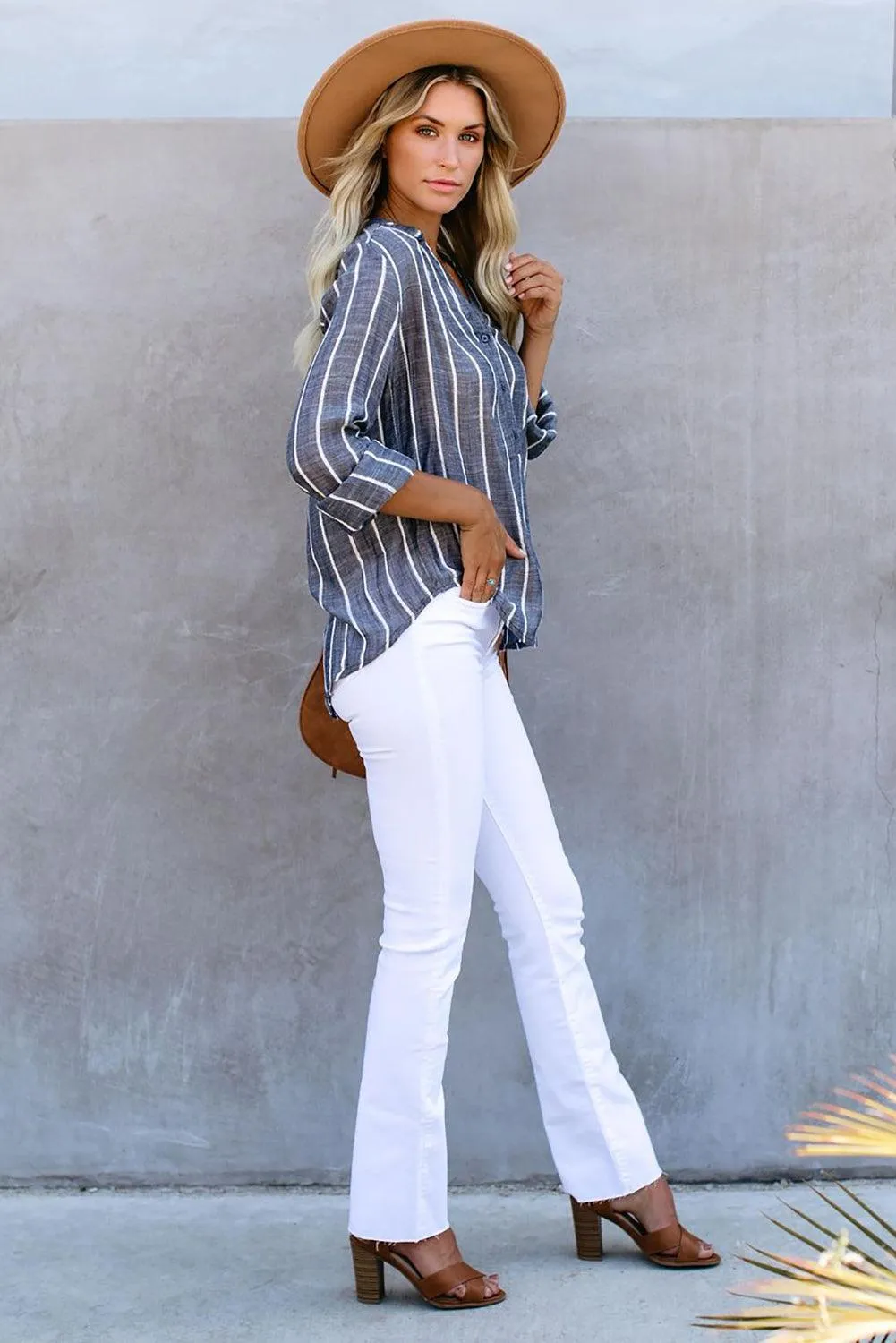 White/Blue Striped V Neck Pocket Long Sleeve Top