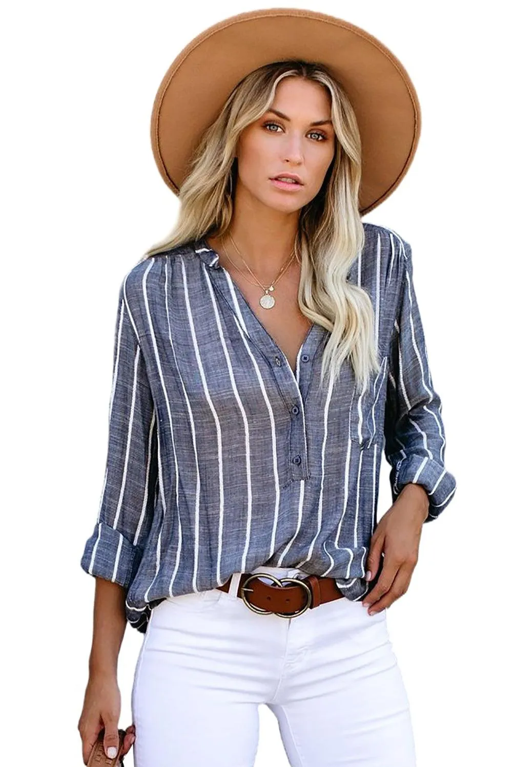 White/Blue Striped V Neck Pocket Long Sleeve Top