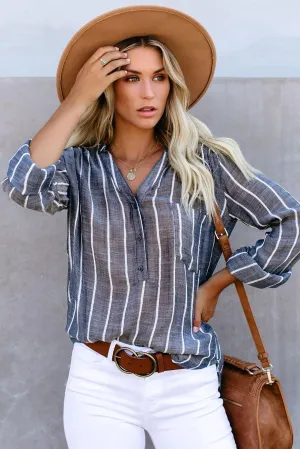 White/Blue Striped V Neck Pocket Long Sleeve Top