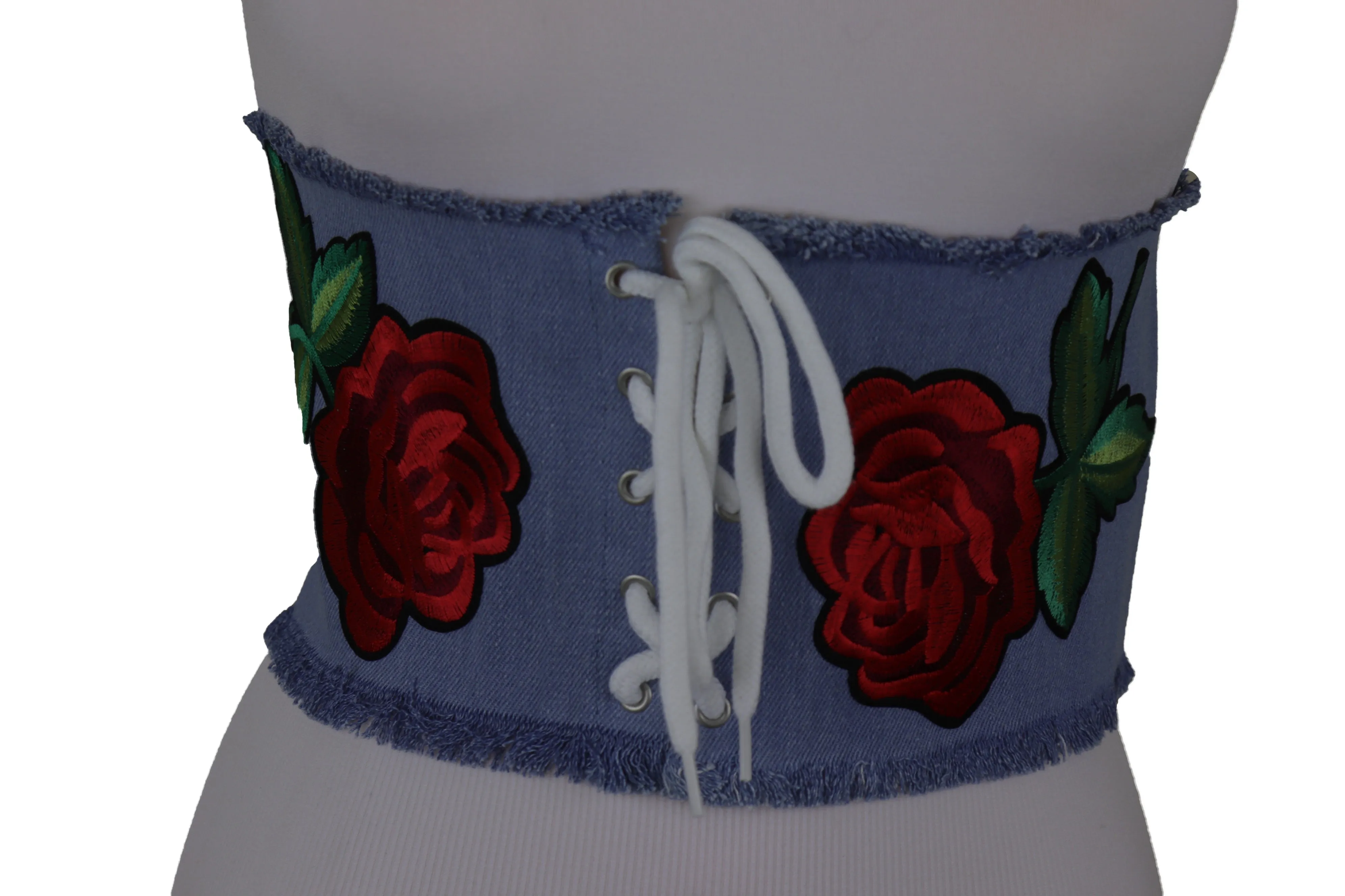 Wide Light Blue Denim Fabric High Waist Corset Belt Red Rose Flower Size M