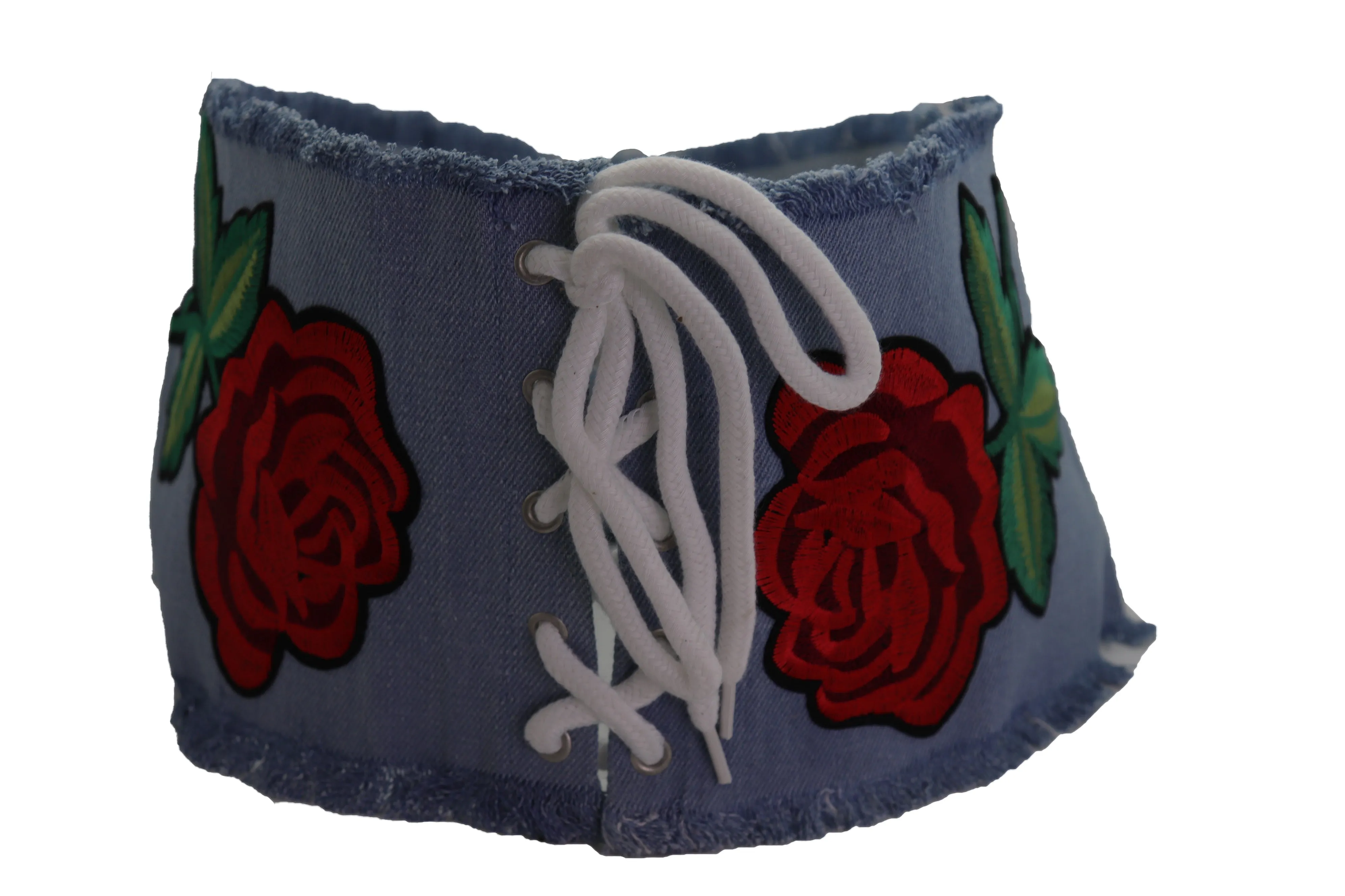 Wide Light Blue Denim Fabric High Waist Corset Belt Red Rose Flower Size M