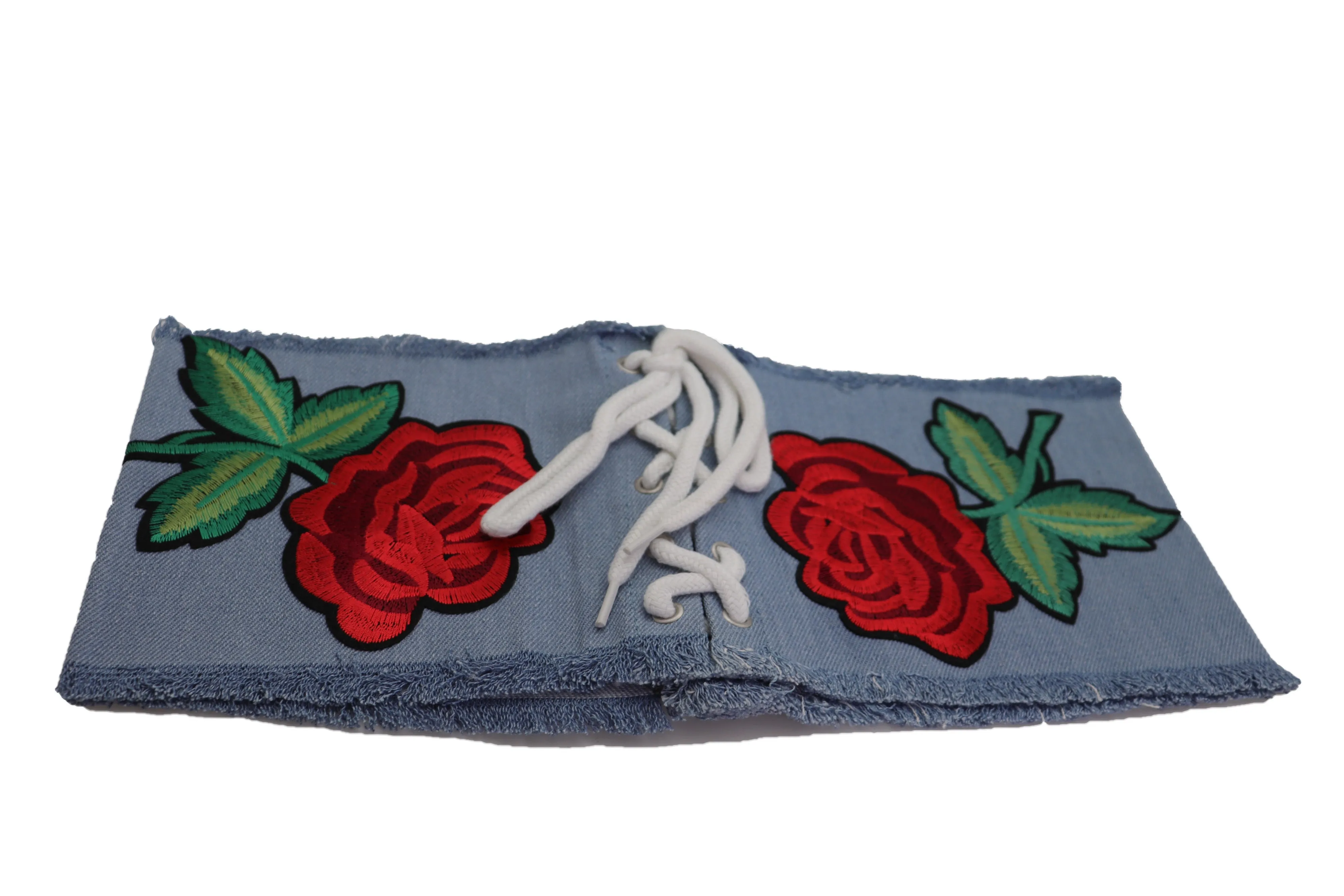 Wide Light Blue Denim Fabric High Waist Corset Belt Red Rose Flower Size M
