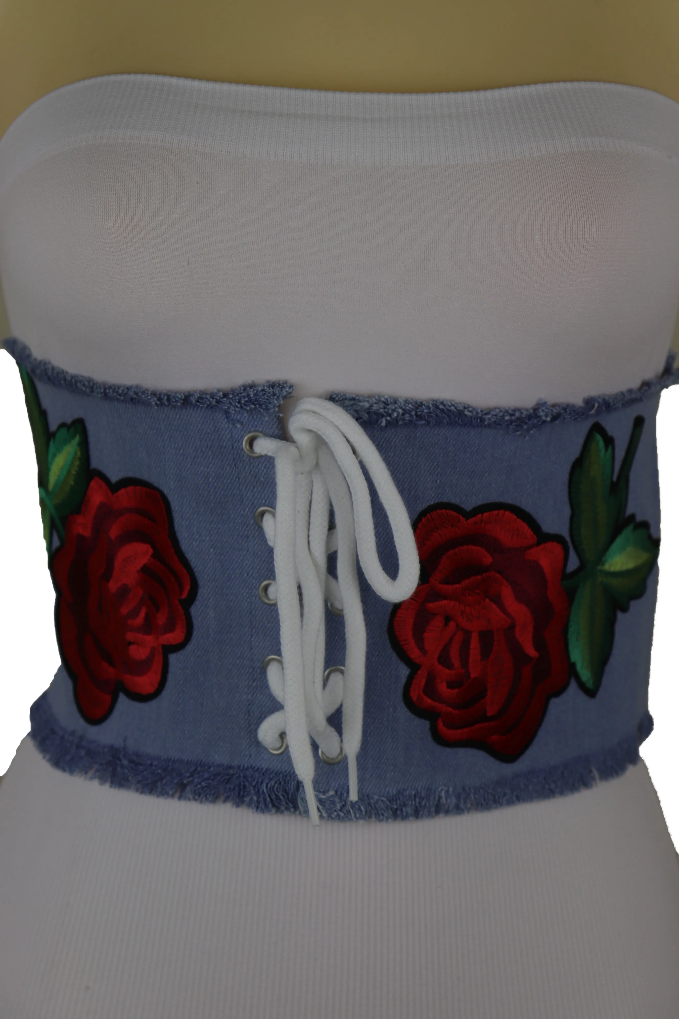 Wide Light Blue Denim Fabric High Waist Corset Belt Red Rose Flower Size M