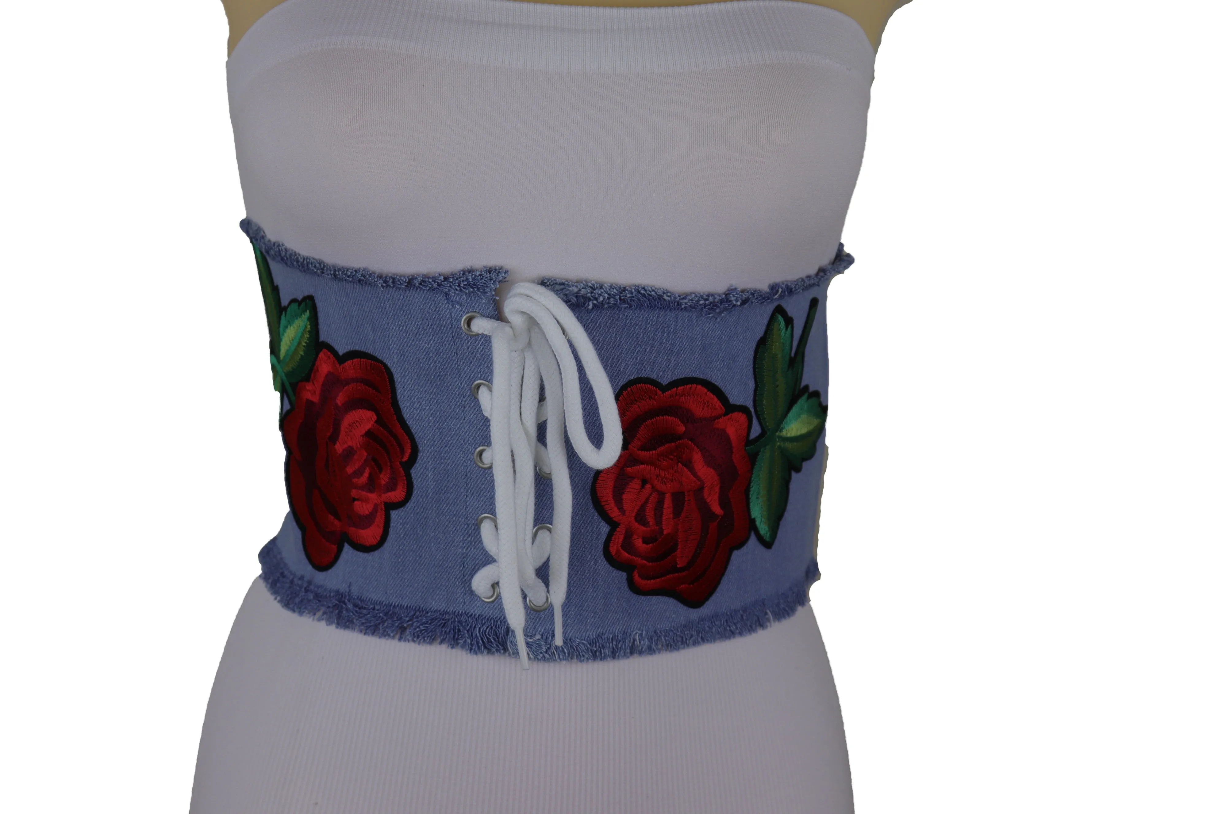 Wide Light Blue Denim Fabric High Waist Corset Belt Red Rose Flower Size M