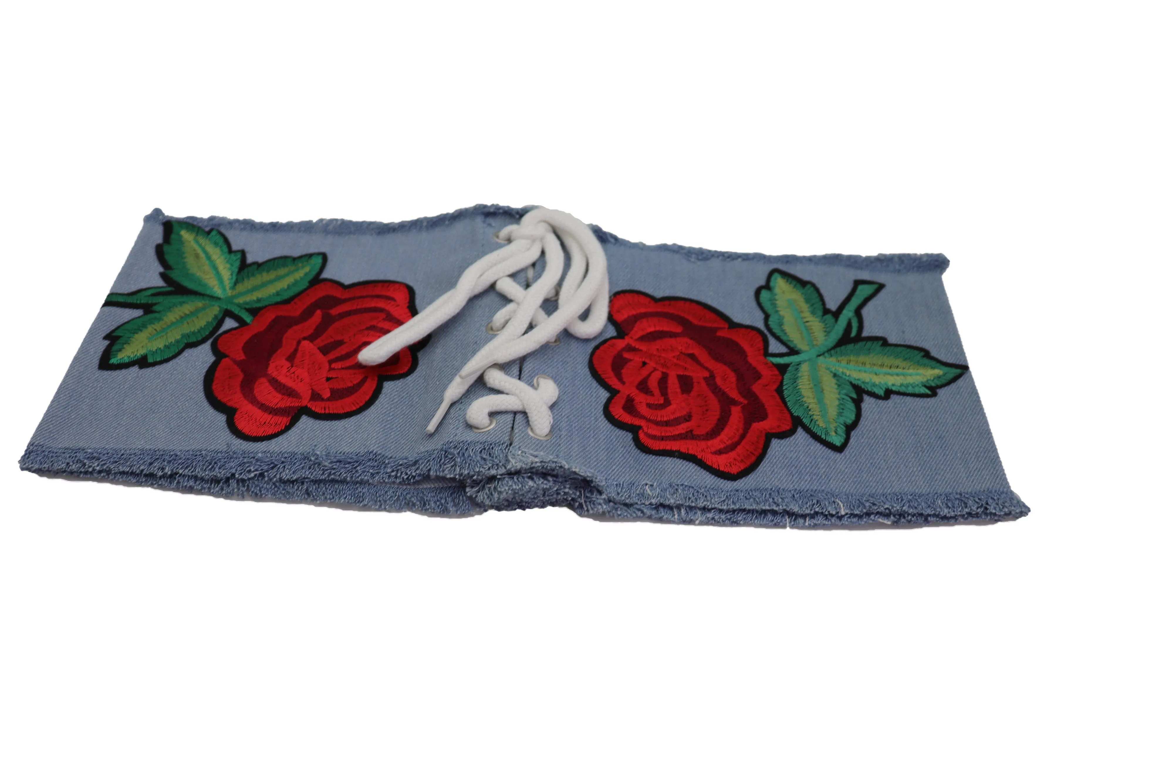Wide Light Blue Denim Fabric High Waist Corset Belt Red Rose Flower Size M