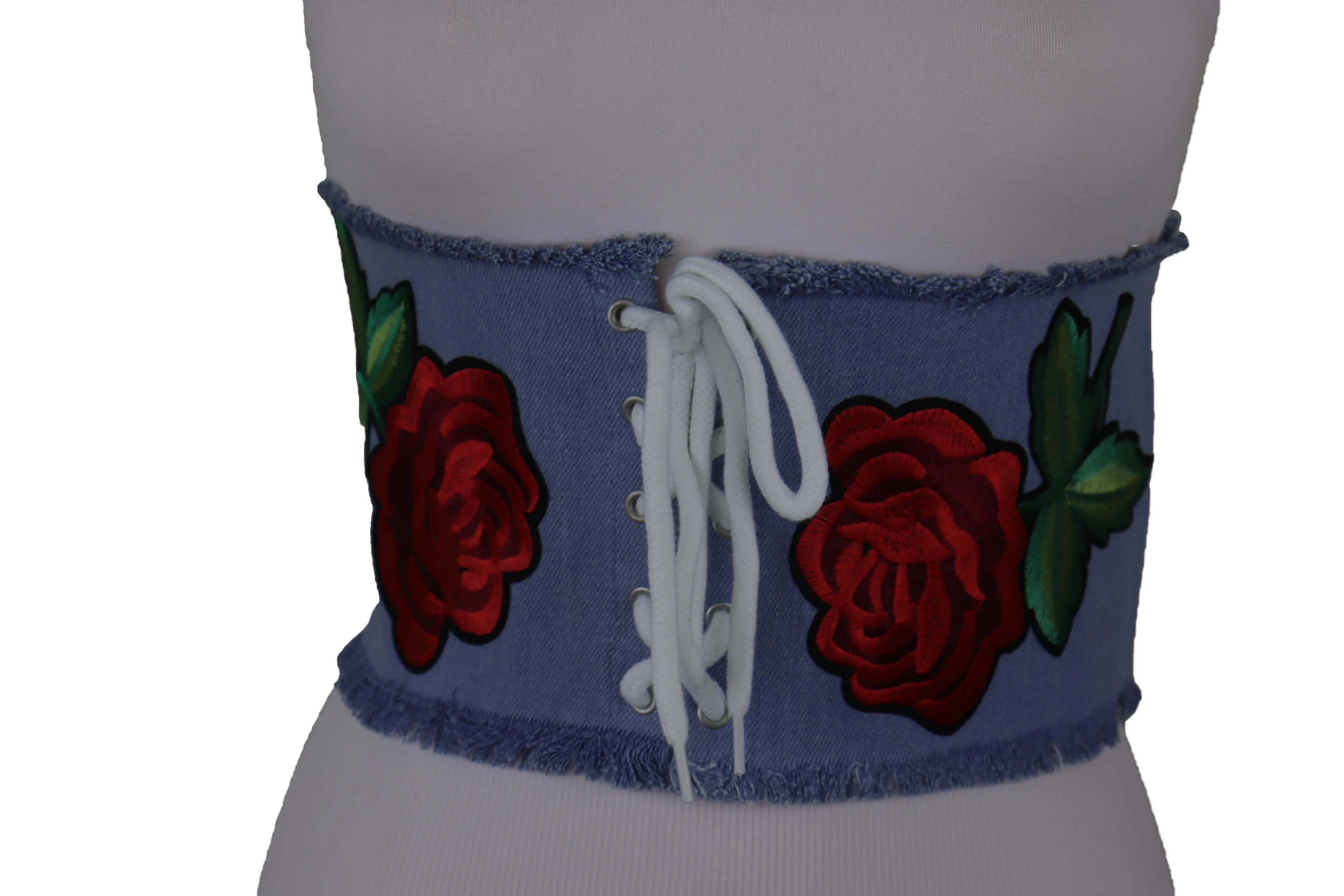 Wide Light Blue Denim Fabric High Waist Corset Belt Red Rose Flower Size M