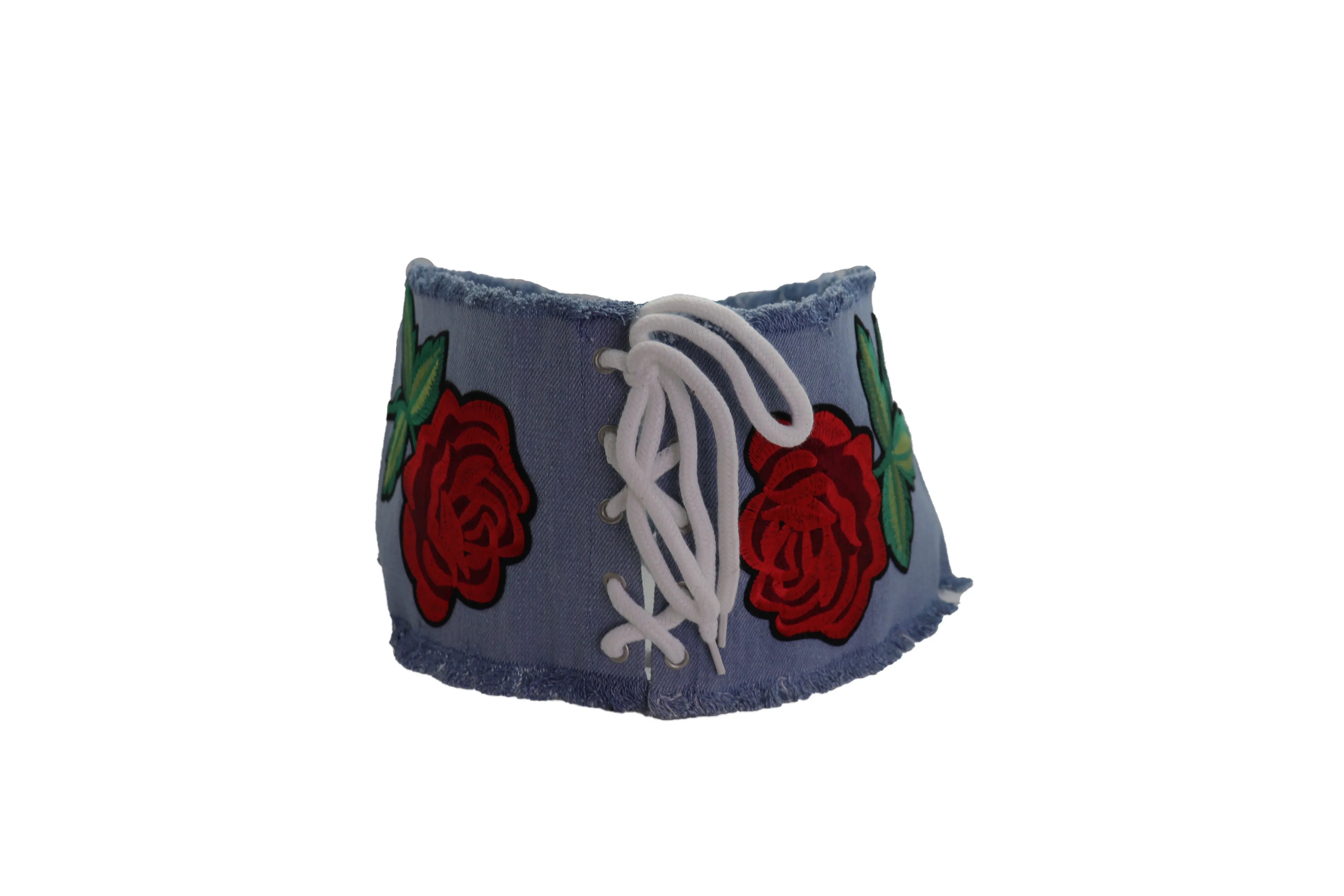 Wide Light Blue Denim Fabric High Waist Corset Belt Red Rose Flower Size M