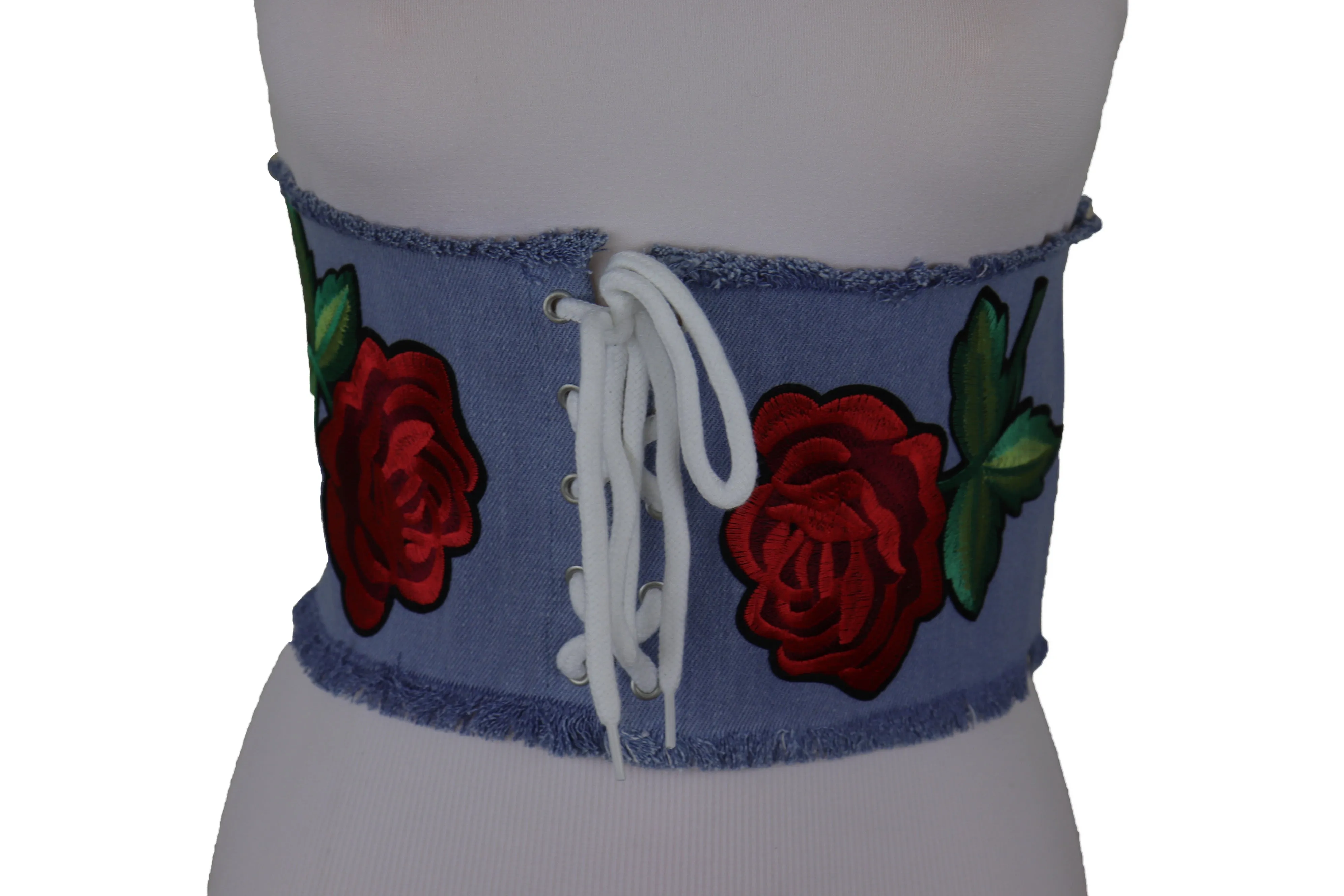 Wide Light Blue Denim Fabric High Waist Corset Belt Red Rose Flower Size M