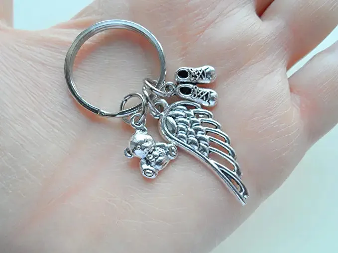 Wing Charm Keychain with Teddy Bear & Little Baby Shoes Charm, Baby Loss Memorial Keychain