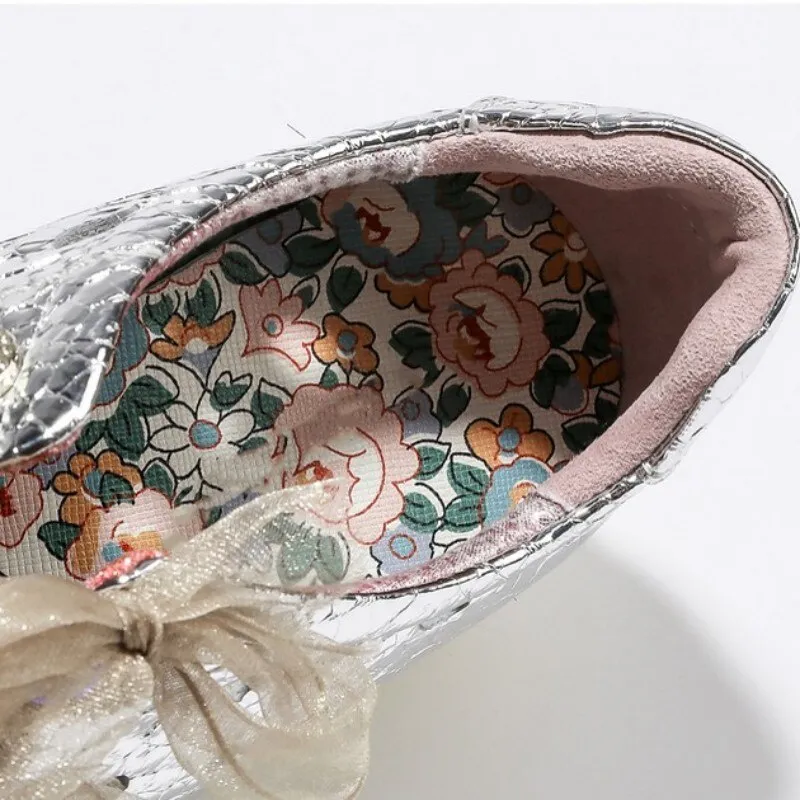 Women  Lace Up Med Heel Shoes High Street Sweet Wedges Sneakers Silver