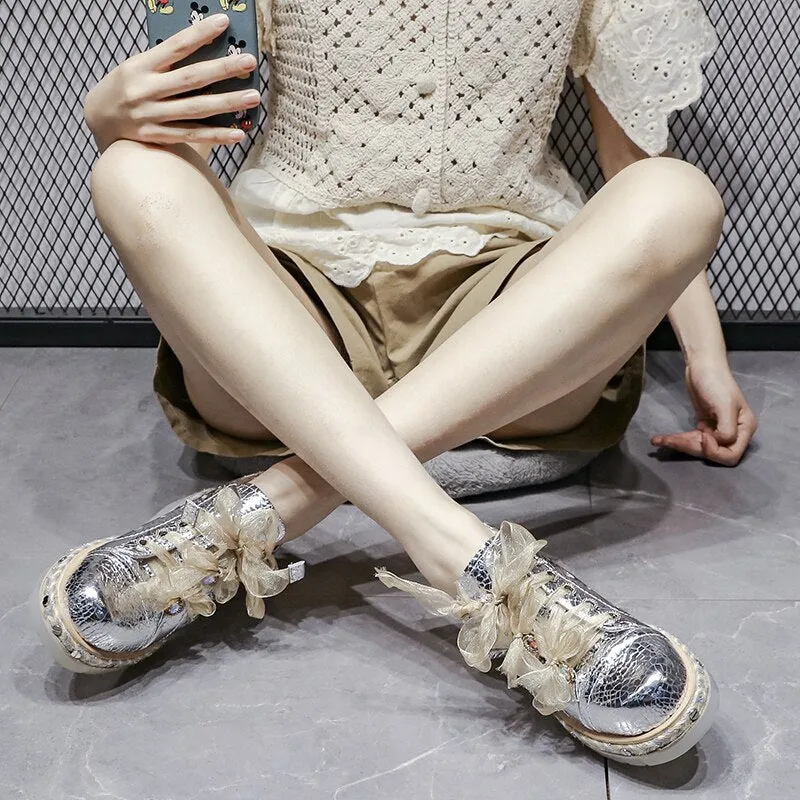 Women  Lace Up Med Heel Shoes High Street Sweet Wedges Sneakers Silver