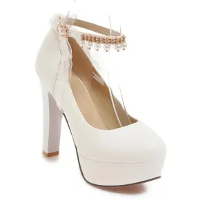 Women's Ankle Strap Rhinestone Pearl Chunky Heel Platform Pumps