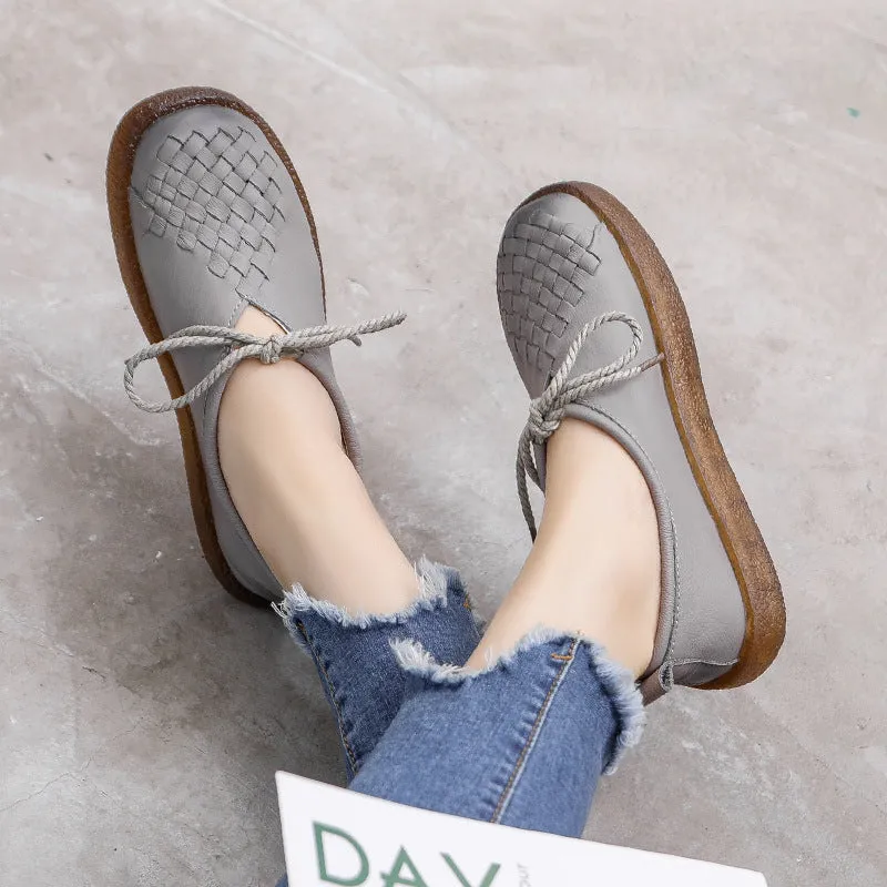 Women's Casual Leather Flat Shoes Soft Sole Woven Shoes