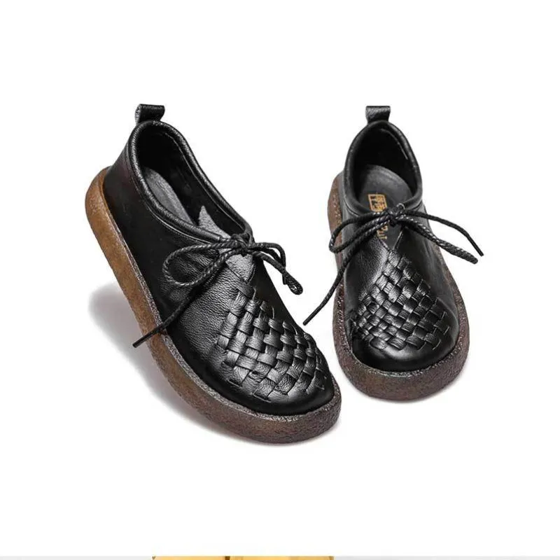 Women's Casual Leather Flat Shoes Soft Sole Woven Shoes