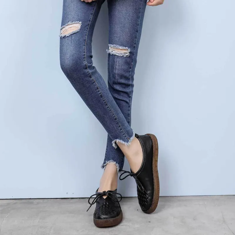 Women's Casual Leather Flat Shoes Soft Sole Woven Shoes