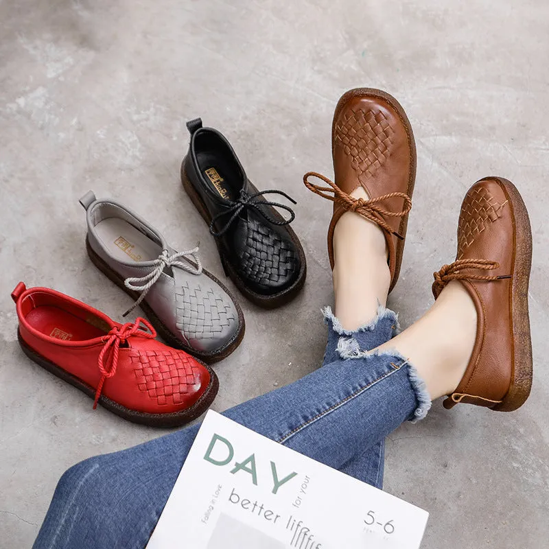 Women's Casual Leather Flat Shoes Soft Sole Woven Shoes