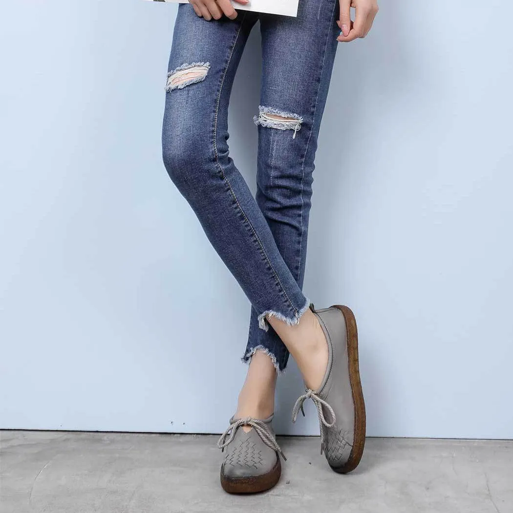 Women's Casual Leather Flat Shoes Soft Sole Woven Shoes