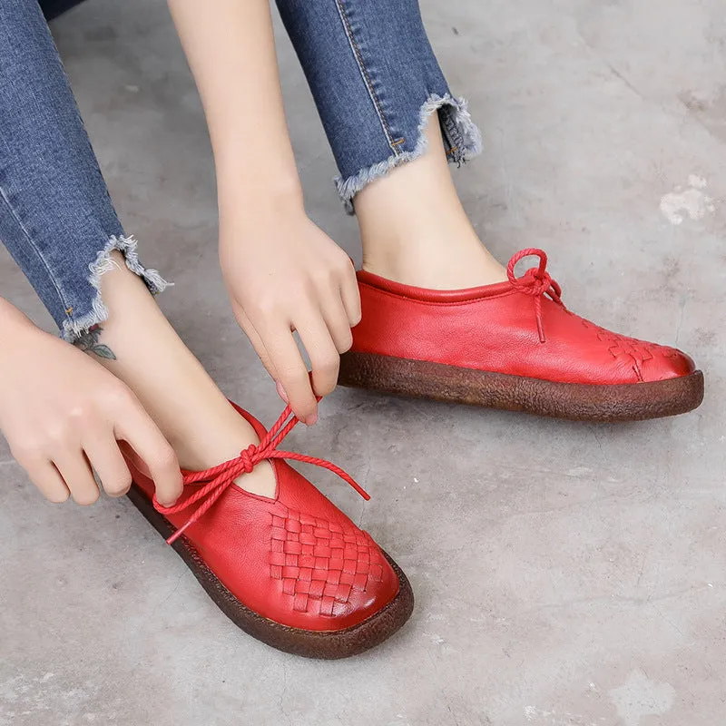 Women's Casual Leather Flat Shoes Soft Sole Woven Shoes