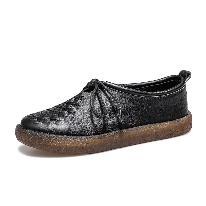 Women's Casual Leather Flat Shoes Soft Sole Woven Shoes