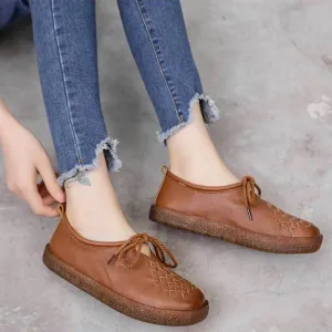 Women's Casual Leather Flat Shoes Soft Sole Woven Shoes