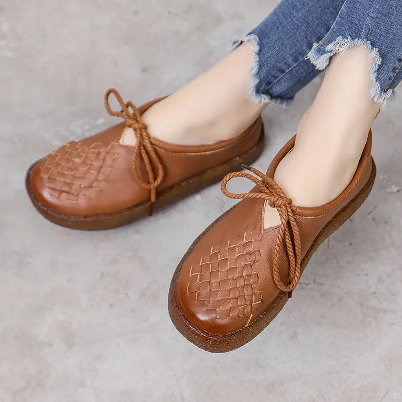 Women's Casual Leather Flat Shoes Soft Sole Woven Shoes