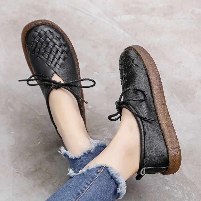 Women's Casual Leather Flat Shoes Soft Sole Woven Shoes