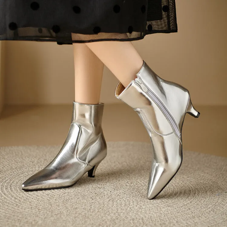 Women's Glossy Pointed Toe Kitten Heel Ankle Boots