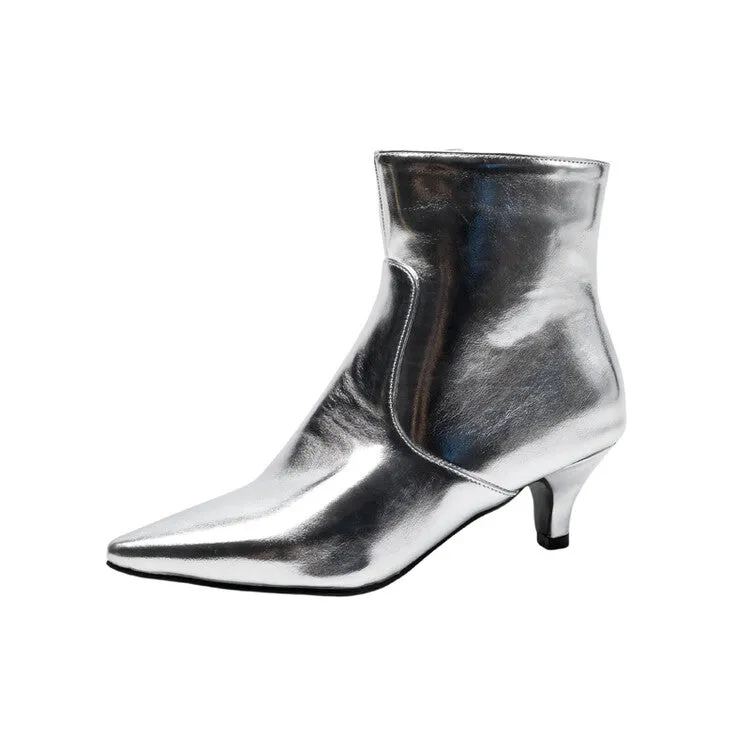 Women's Glossy Pointed Toe Kitten Heel Ankle Boots