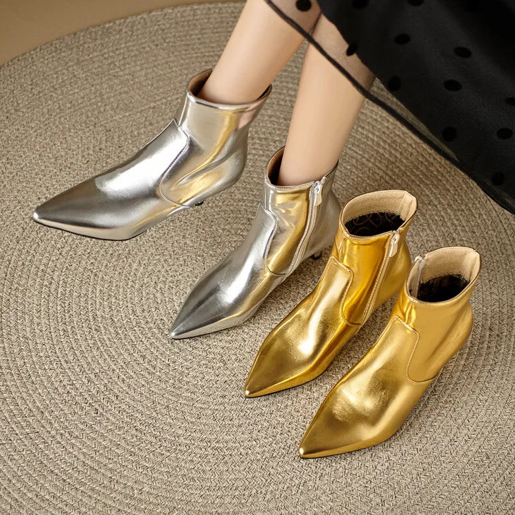 Women's Glossy Pointed Toe Kitten Heel Ankle Boots