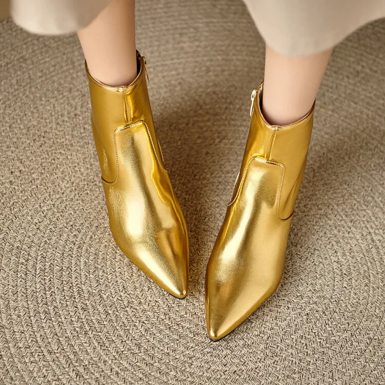 Women's Glossy Pointed Toe Kitten Heel Ankle Boots