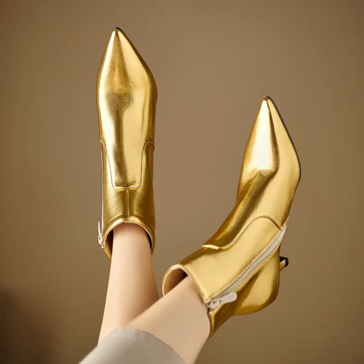 Women's Glossy Pointed Toe Kitten Heel Ankle Boots