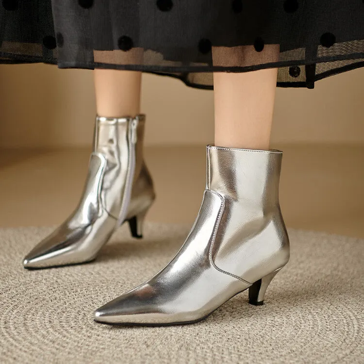Women's Glossy Pointed Toe Kitten Heel Ankle Boots