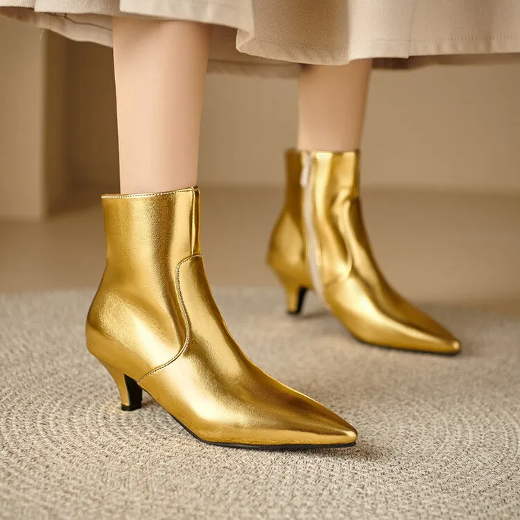 Women's Glossy Pointed Toe Kitten Heel Ankle Boots