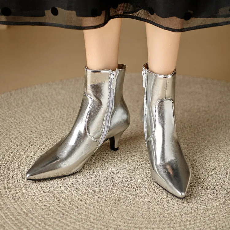 Women's Glossy Pointed Toe Kitten Heel Ankle Boots