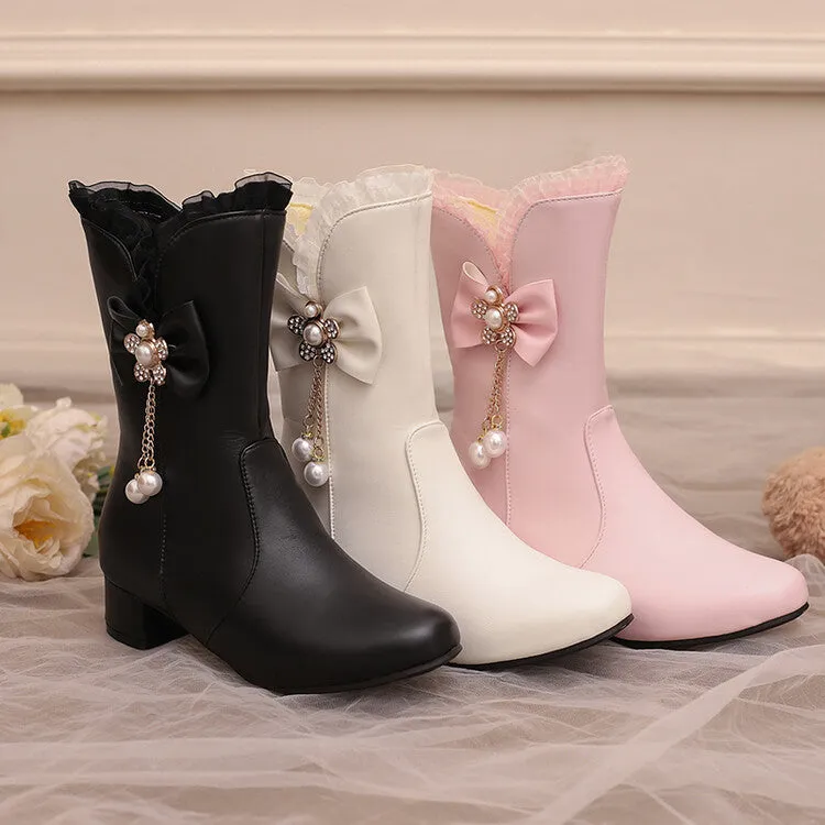 Women's Lace Round Toe Bowtie Rhinestone Block Heel Mid Calf Boots