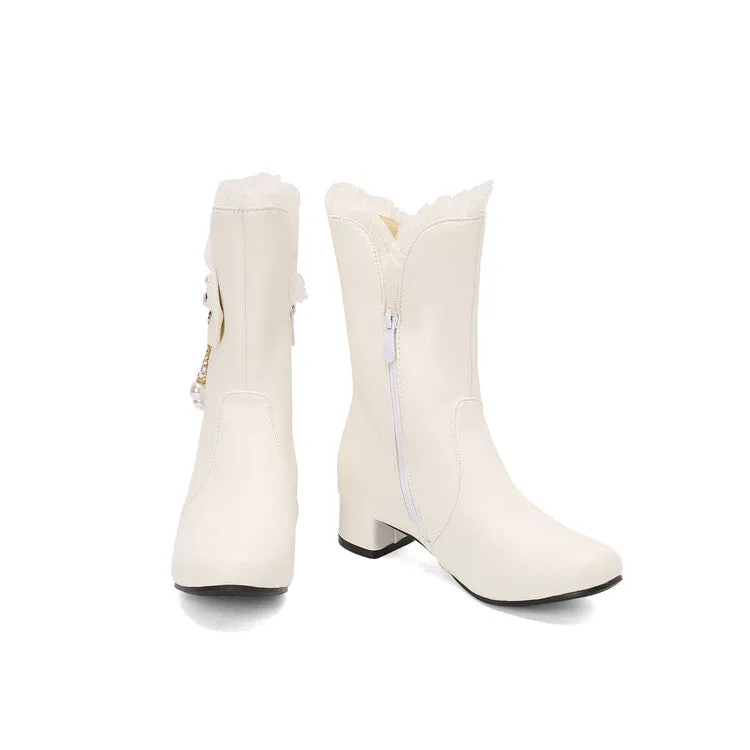 Women's Lace Round Toe Bowtie Rhinestone Block Heel Mid Calf Boots