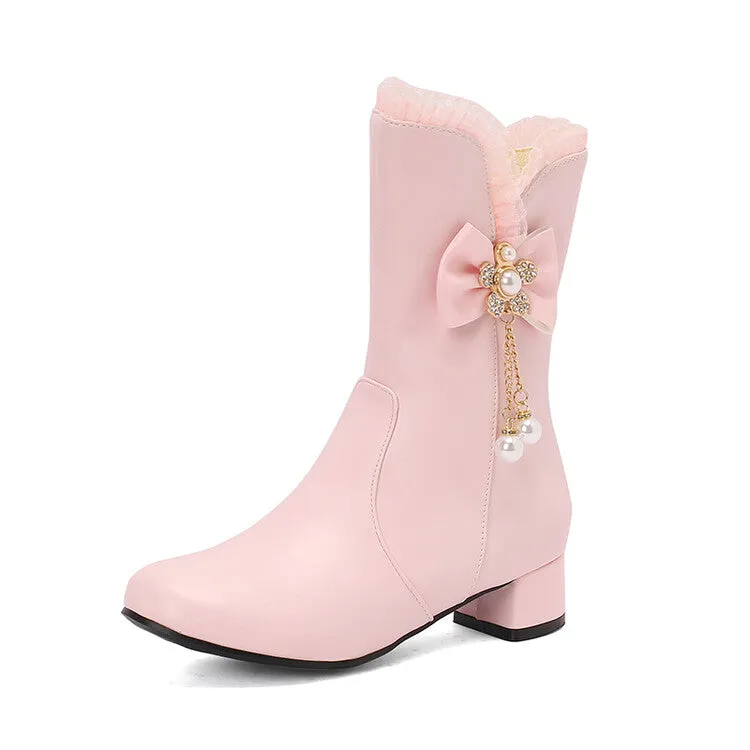 Women's Lace Round Toe Bowtie Rhinestone Block Heel Mid Calf Boots