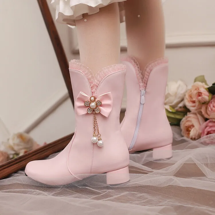Women's Lace Round Toe Bowtie Rhinestone Block Heel Mid Calf Boots